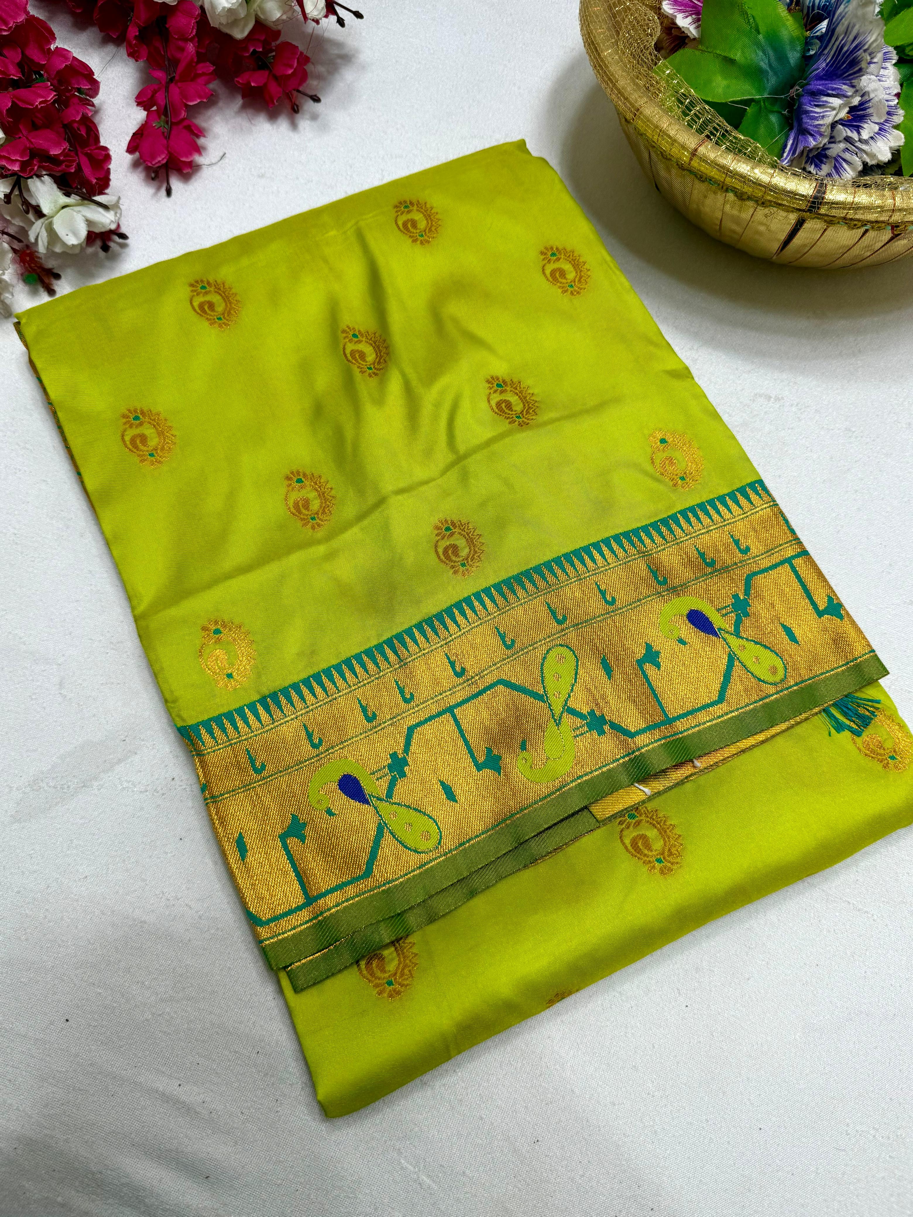 Brocade Shiny Soft Silk Paithani Saree Nath Buttis All Over with Meenakari Pallu & Brocade Blouse Piece.