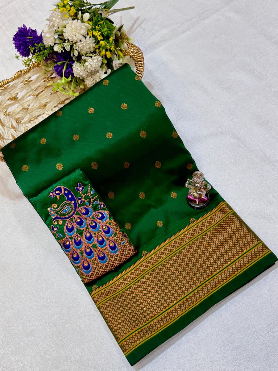 The beautiful traditional Paithani pallu enhances its royal appeal, while the exclusive designer running blouse piece completes the look. Perfect for weddings, festive celebrations, cultural events, and special occasions.