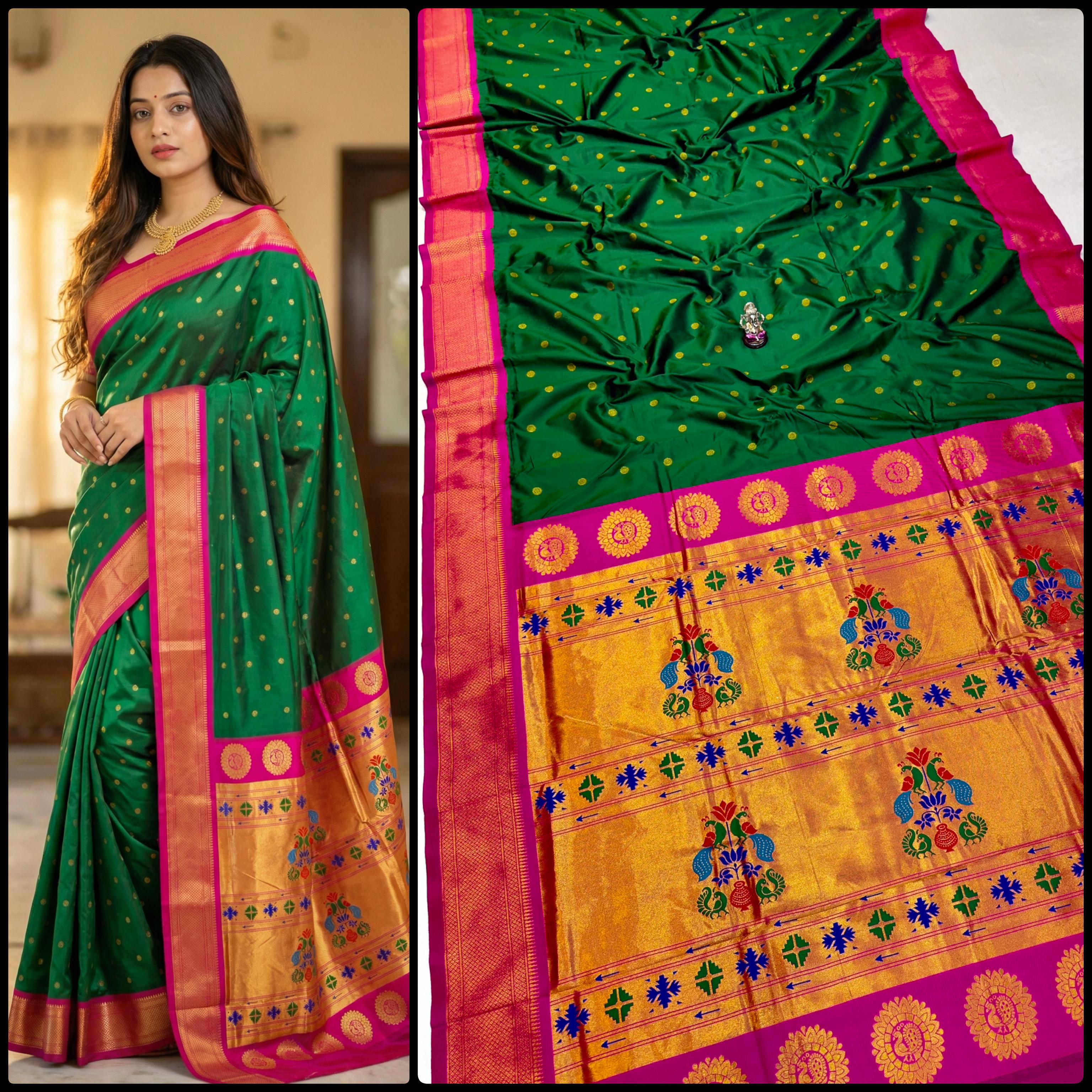 Shop Shloka Kalanjali Paithani Saree in Katan Silk with all-over zari butti, dual side border, and blouse piece. Perfect for weddings & festive wear.