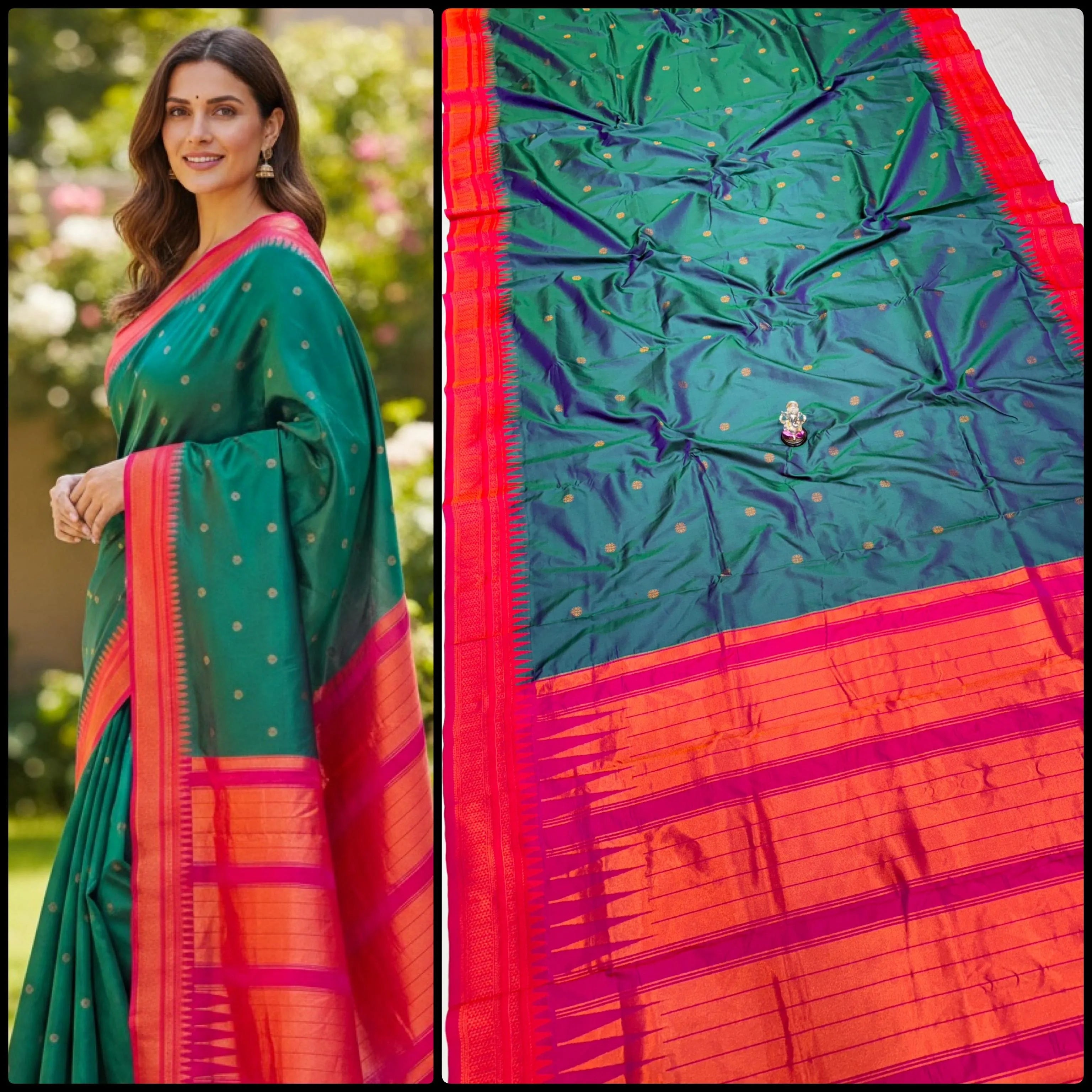 Buy Half Silk Irkal Paithani Saree online with premium Katan silk feel, all-over zari butti design, and contrast zari blouse. Perfect for weddings, festive wear, and traditional occasions at the best price.