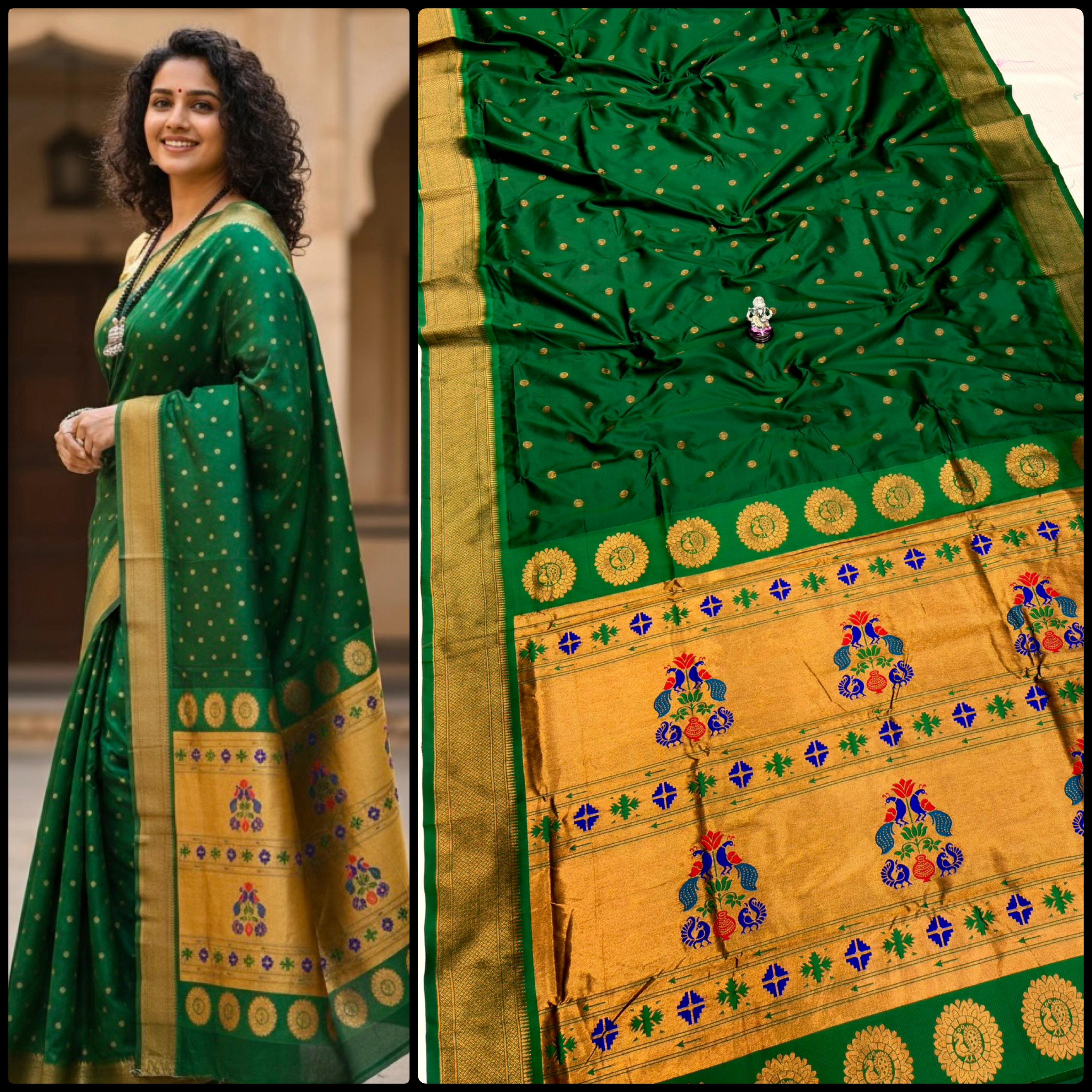 Shop Shloka Kalanjali Paithani Saree in Katan Silk with all-over zari butti, dual side border, and blouse piece. Perfect for weddings & festive wear.