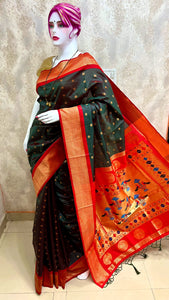 Traditional Kadiyal Paithani Saree,  Pallu Meena Butti with Contrast Running Blouse Green Mehendi