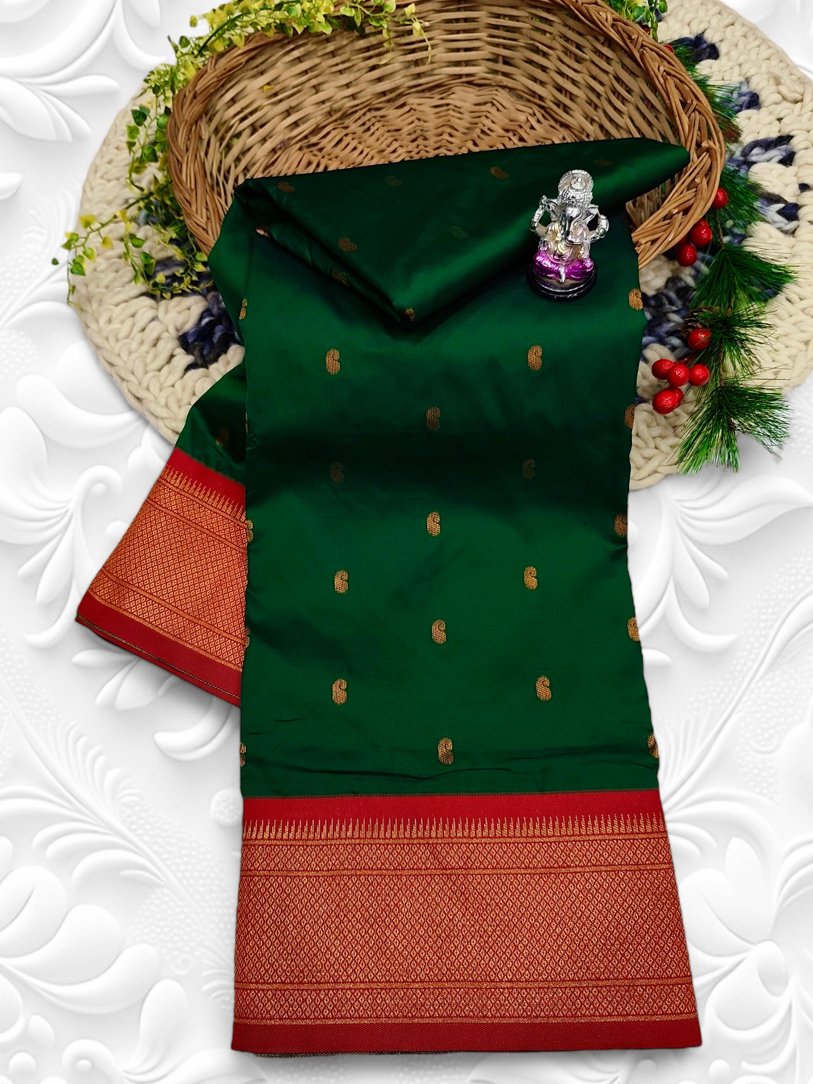 Premium Shrija Kadiyal Paithani Silk Saree with all-over zari buttis, exclusive contrast blouse, and rich double borders — perfect for weddings, festivals & special occasions.