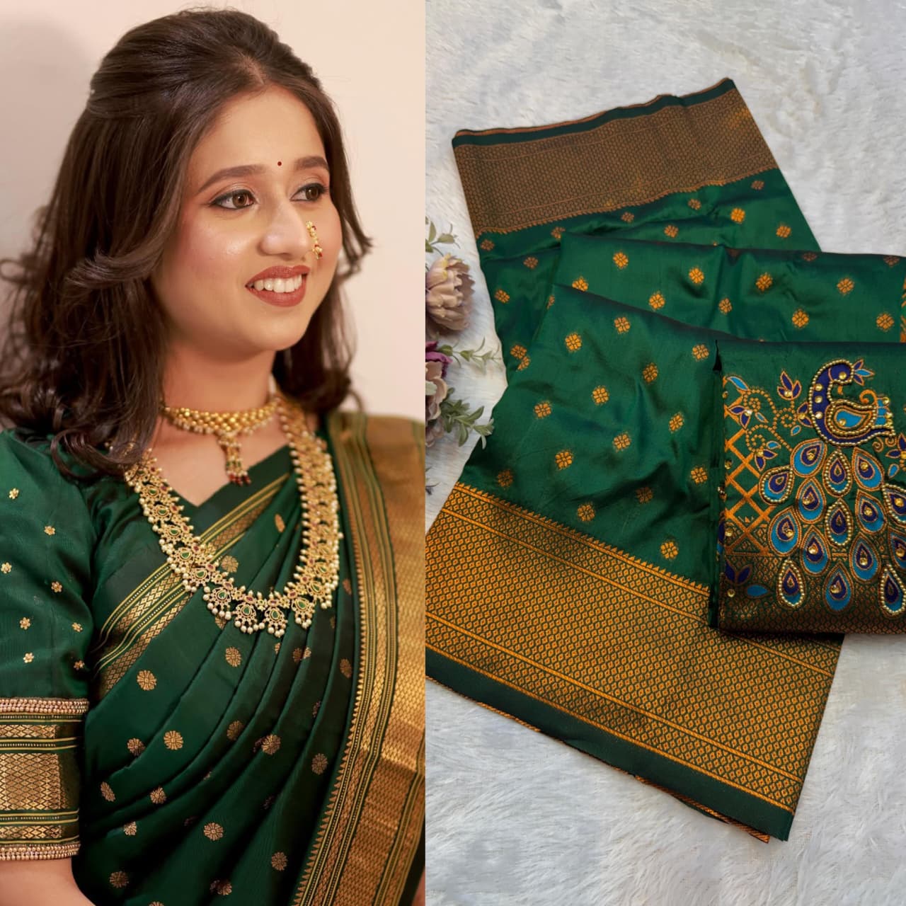 Shop New Sonali Kalanjali Paithani Saree in premium soft silk with rich buttis, peacock Maharani pallu and Aariwork Swarovski blouse. Perfect for festivals and weddings.