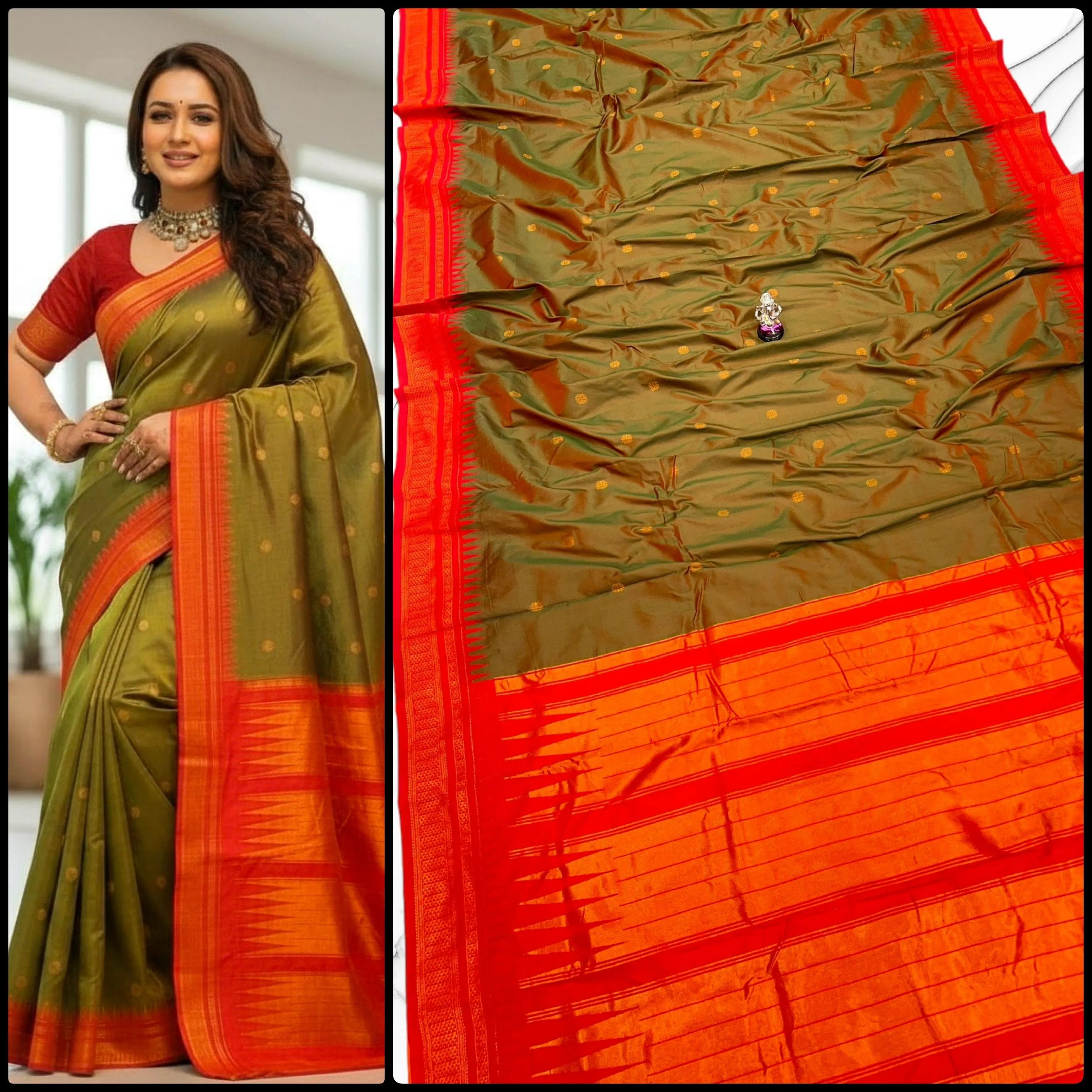 Buy Half Silk Irkal Paithani Saree online with premium Katan silk feel, all-over zari butti design, and contrast zari blouse. Perfect for weddings, festive wear, and traditional occasions at the best price.