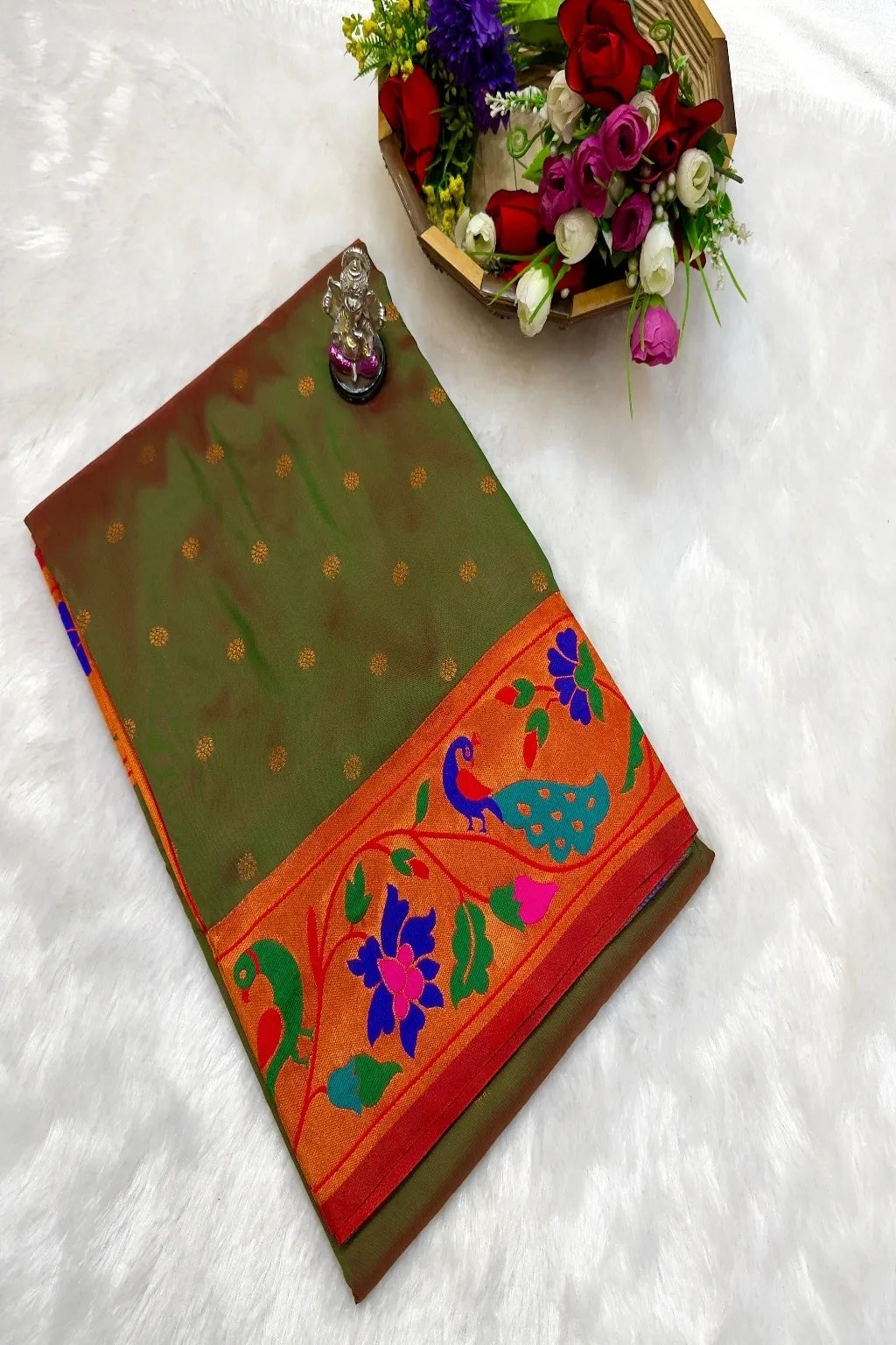 Pure Mix Silk Semi Mor & Popat Brocade Paithani Saree – Traditional Maharashtrian Elegance Shop premium Silk Semi Mor & Popat Brocade Paithani Saree with traditional peacock and parrot pallu design and all-over zari butti. Perfect for weddings & festive wear.