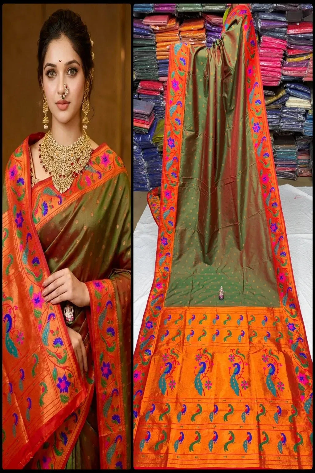 Pure Mix Silk Semi Mor & Popat Brocade Paithani Saree – Traditional Maharashtrian Elegance Shop premium Silk Semi Mor & Popat Brocade Paithani Saree with traditional peacock and parrot pallu design and all-over zari butti. Perfect for weddings & festive wear.
