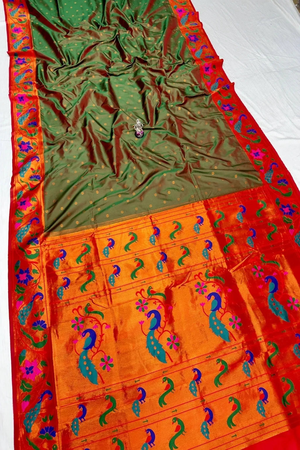 Pure Mix Silk Semi Mor & Popat Brocade Paithani Saree – Traditional Maharashtrian Elegance Shop premium Silk Semi Mor & Popat Brocade Paithani Saree with traditional peacock and parrot pallu design and all-over zari butti. Perfect for weddings & festive wear.