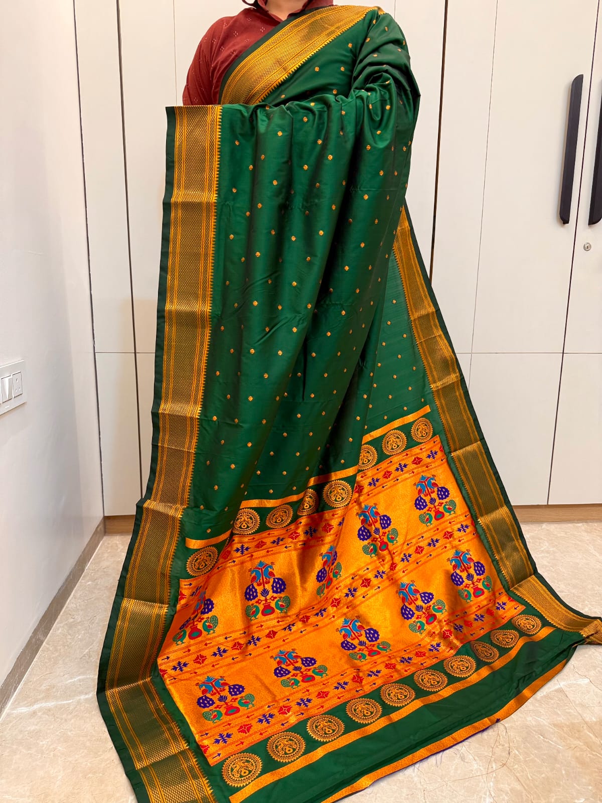 Experience timeless elegance with our New Kalanjali Paithani Saree, crafted from Premium Soft Silk and adorned with rich Zari Weaving.