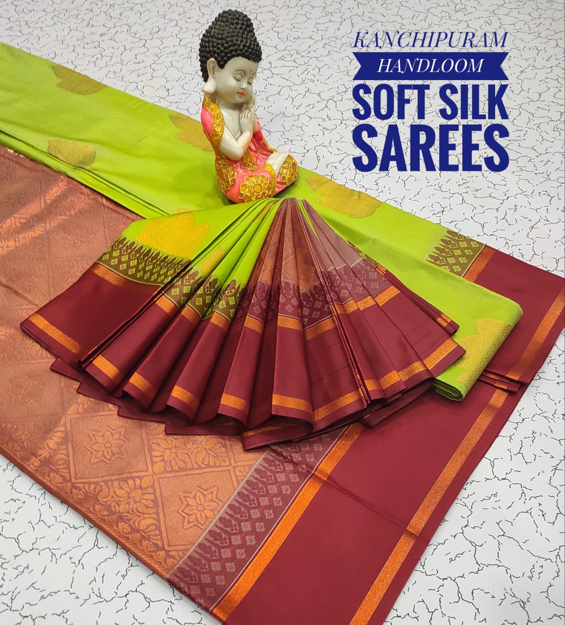 Premium Soft Silk Kanchipuram Saree with Copper Zari border &amp; rich pallu. Unique colors with contrast blouse. Perfect for weddings &amp; festive occasions.