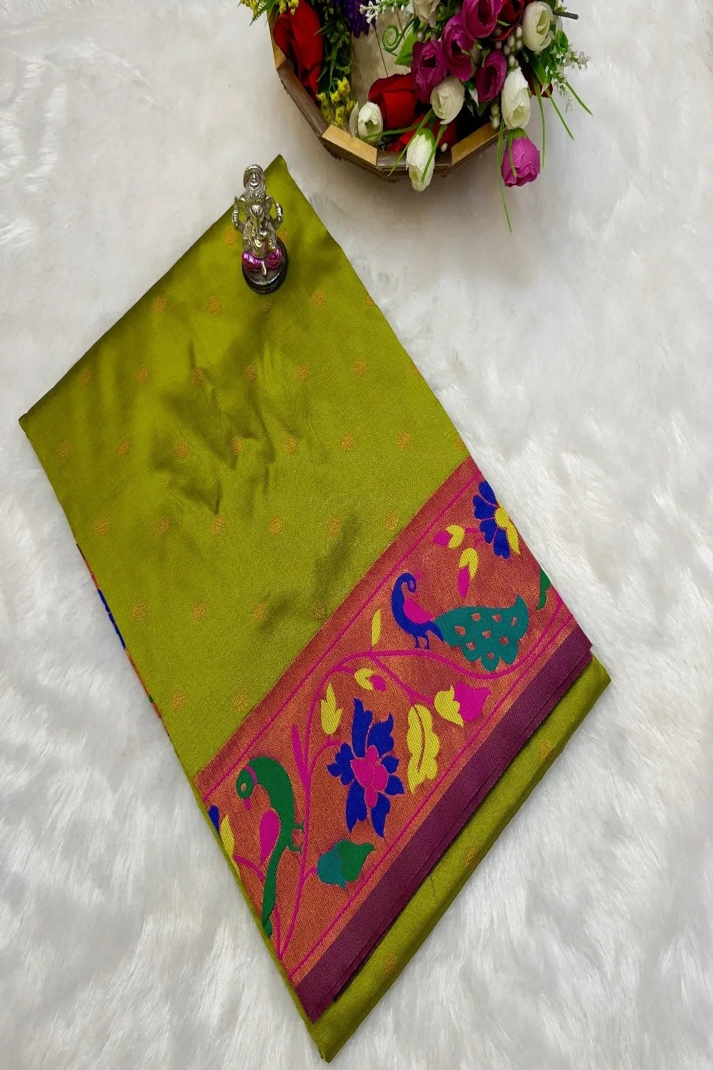 Pure Mix Silk Semi Mor & Popat Brocade Paithani Saree – Traditional Maharashtrian Elegance Shop premium Silk Semi Mor & Popat Brocade Paithani Saree with traditional peacock and parrot pallu design and all-over zari butti. Perfect for weddings & festive wear.