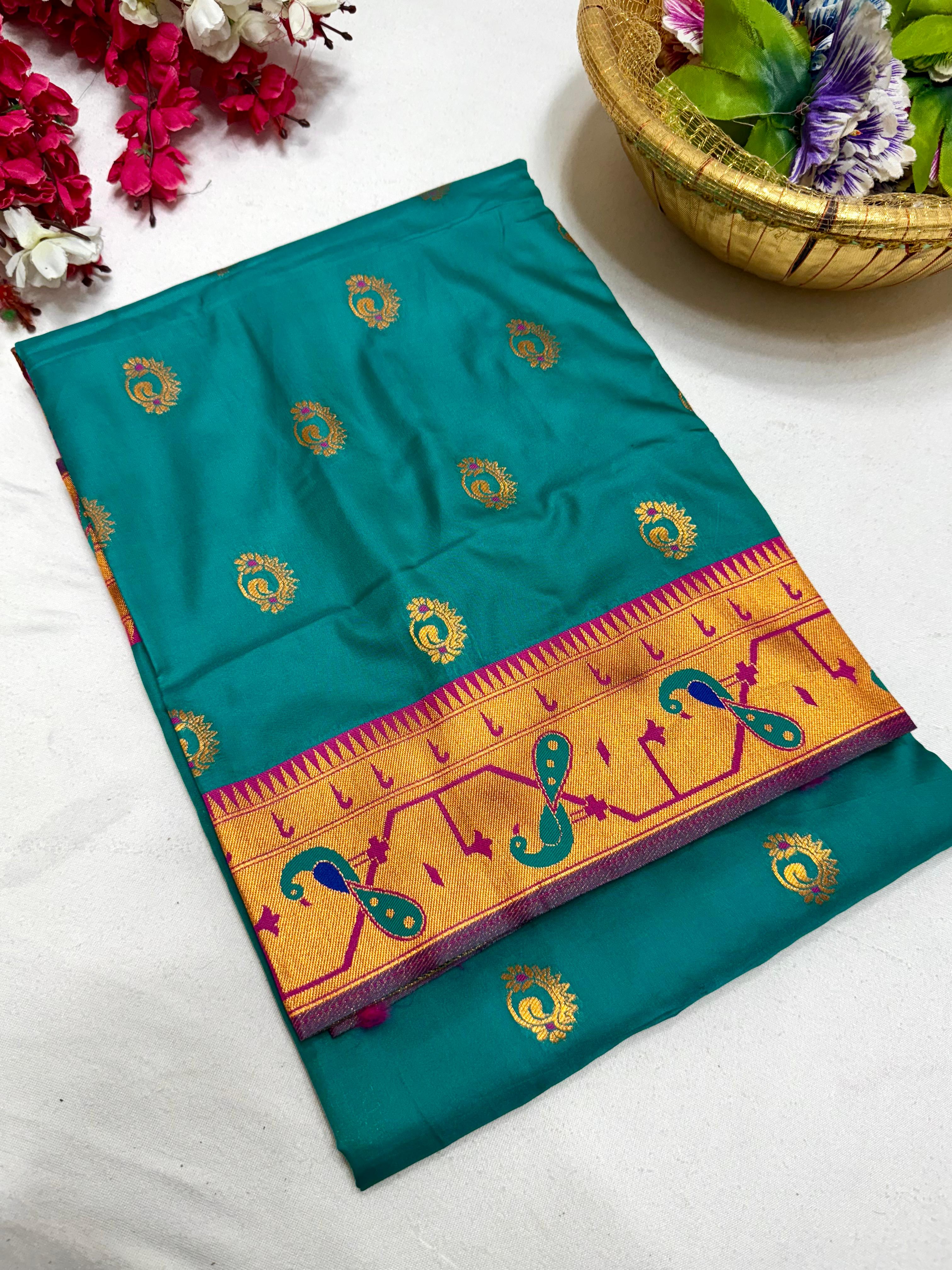 Premium Silk Brocade Paithani Saree All Over Buttis of Mor, Popat & Nthani | Meenakari Pallue and Brocade Blouse