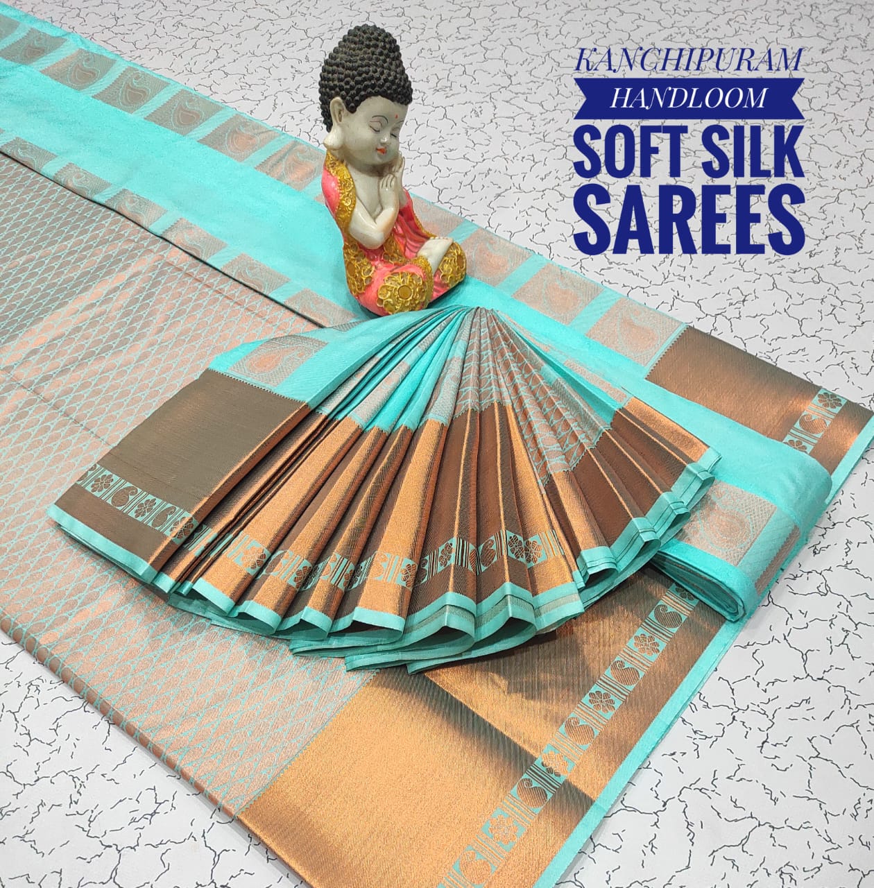 Premium Soft Silk Kanchipuram Saree with Copper Zari border & rich pallu. Unique colors with contrast blouse. Perfect for weddings & festive occasions.