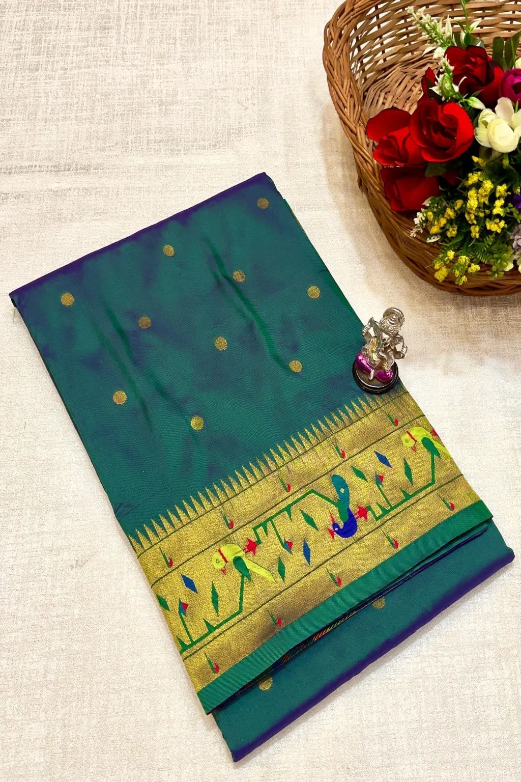 Shop premium Katan Silk Semi Mor & Popat Brocade Paithani Saree with traditional peacock and parrot pallu design and all-over zari butti. Perfect for weddings & festive wear.