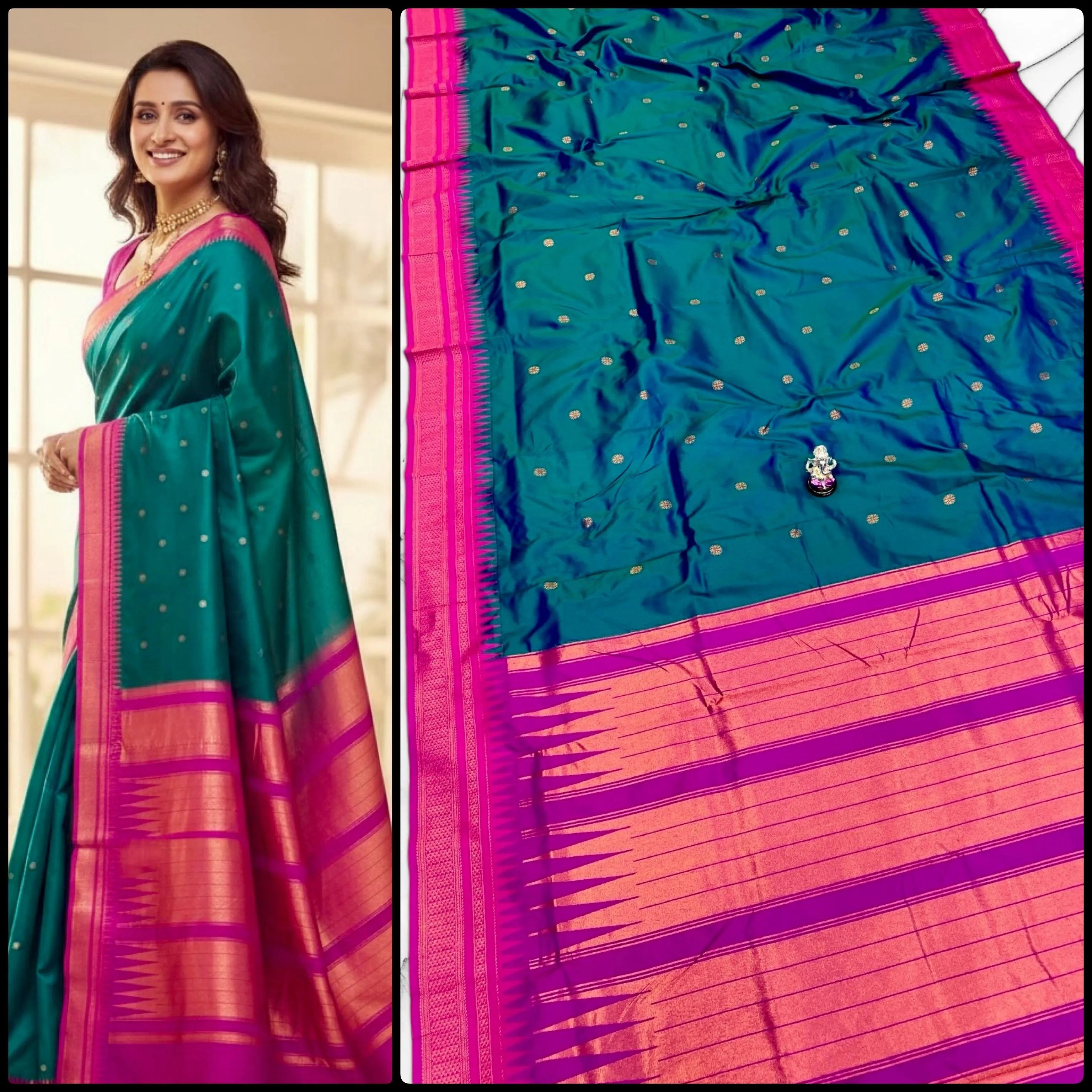 Buy Half Silk Irkal Paithani Saree online with premium Katan silk feel, all-over zari butti design, and contrast zari blouse. Perfect for weddings, festive wear, and traditional occasions at the best price.
