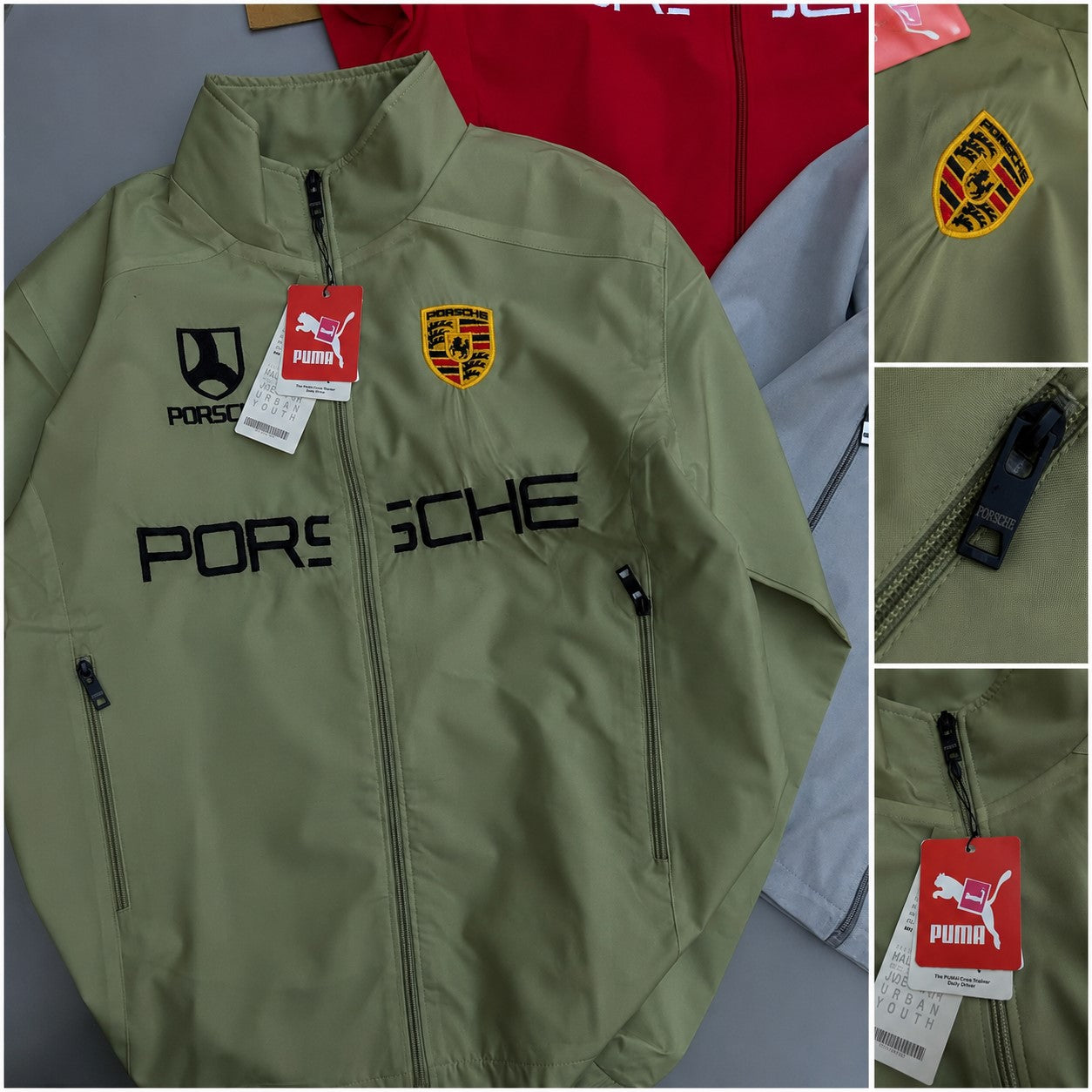 An olive green Puma Porsche zip-up jacket laid flat, featuring a black Porsche logo and crest, a black Puma cat logo, and a red Puma tag. The main view is accompanied by three detail inset images on the right showing the crest, zipper, and Puma branding close-ups.