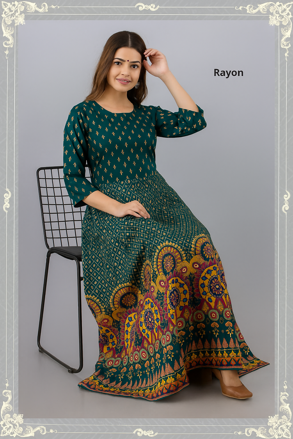 Elevate your wardrobe with this elegant Women’s Long Gown Green Kurti crafted from soft, breathable rayon. Featuring a refined design, it combines comfort with style
