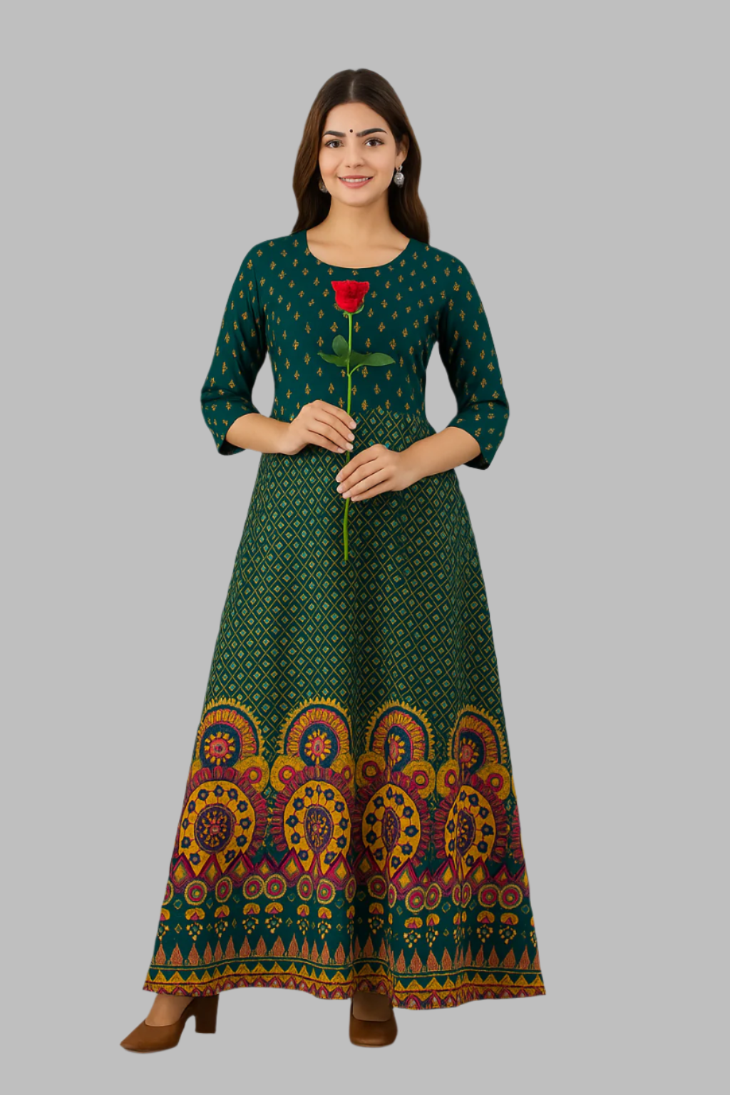 Elevate your wardrobe with this elegant Women’s Long Gown Green Kurti crafted from soft, breathable rayon. Featuring a refined design, it combines comfort with style