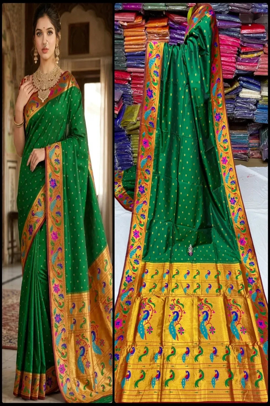 Pure Mix Silk Semi Mor & Popat Brocade Paithani Saree – Traditional Maharashtrian Elegance Shop premium Silk Semi Mor & Popat Brocade Paithani Saree with traditional peacock and parrot pallu design and all-over zari butti. Perfect for weddings & festive wear.