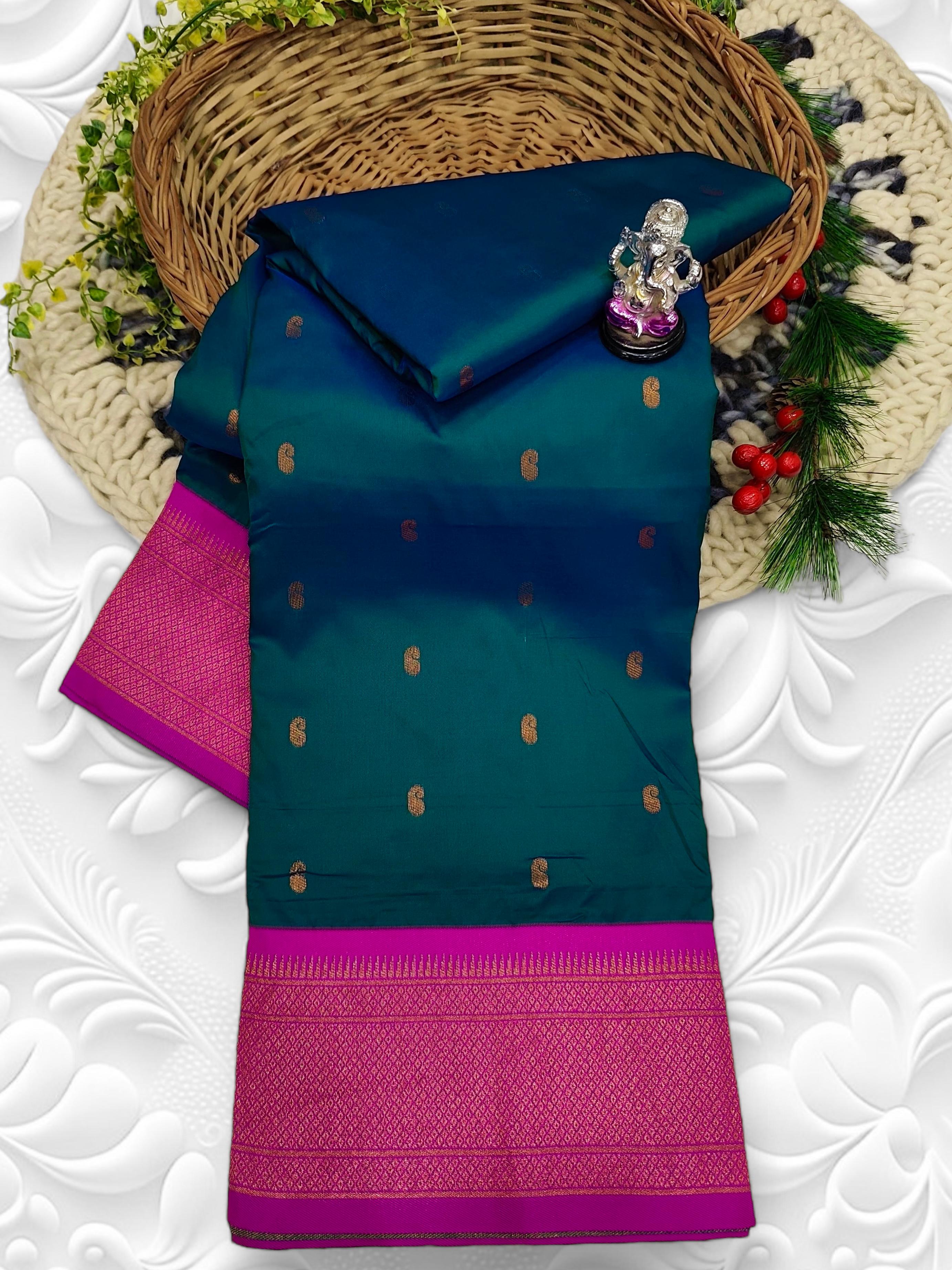 Premium Shrija Kadiyal Paithani Silk Saree with all-over zari buttis, exclusive contrast blouse, and rich double borders — perfect for weddings, festivals & special occasions.