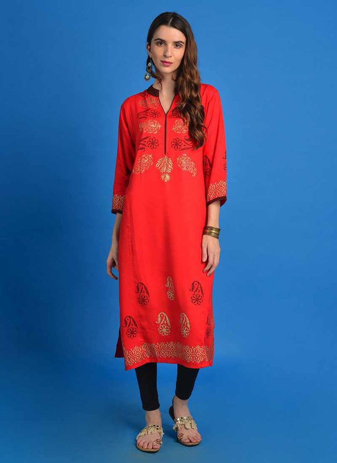 Beautiful Rayon Kurti in Red with Gold/Black  design 