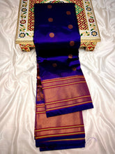 Load image into Gallery viewer, Traditional Kalanjali Paithani, Maharani Pallu with running Blouse. &nbsp;This traditional Yeola Kalanjali Paithani features a rich Maharani Pallu and intricate all over buttis. Made with premium shiny Tana Softy Silk and 100% premium Zari, it offers a luxurious look and feel. The running blouse piece allows for a customized fit. Elevate your wardrobe with this premium paithani saree.&nbsp;Traditional Yeola Kalanjali Paithani