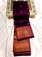 Load image into Gallery viewer, Traditional Kalanjali Paithani, Maharani Pallu with running Blouse. &nbsp;This traditional Yeola Kalanjali Paithani features a rich Maharani Pallu and intricate all over buttis. Made with premium shiny Tana Softy Silk and 100% premium Zari, it offers a luxurious look and feel. The running blouse piece allows for a customized fit. Elevate your wardrobe with this premium paithani saree.&nbsp;Traditional Yeola Kalanjali Paithani