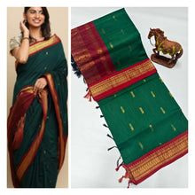 Load image into Gallery viewer, Upgrade your ethnic wardrobe with our Premium Soft Gadwal Paithani Srees. Made with high-quality materials, these sarees offer a soft and luxurious feel on the skin. Complete with a matching blouse piece, these sarees are perfect for traditional occasions. Elevate your style and make a statement with these premium sarees.