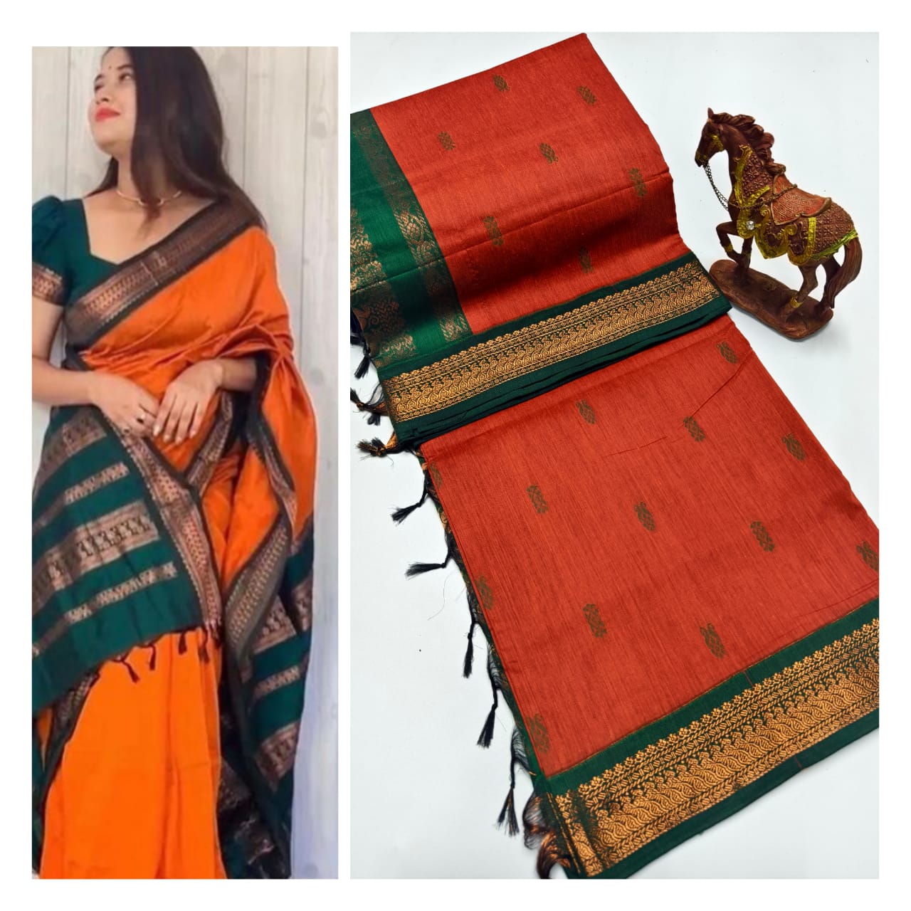 Upgrade your ethnic wardrobe with our Premium Soft Gadwal Paithani Srees. Made with high-quality materials, these sarees offer a soft and luxurious feel on the skin. Complete with a matching blouse piece, these sarees are perfect for traditional occasions. Elevate your style and make a statement with these premium sarees.