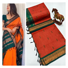 Load image into Gallery viewer, Upgrade your ethnic wardrobe with our Premium Soft Gadwal Paithani Srees. Made with high-quality materials, these sarees offer a soft and luxurious feel on the skin. Complete with a matching blouse piece, these sarees are perfect for traditional occasions. Elevate your style and make a statement with these premium sarees.