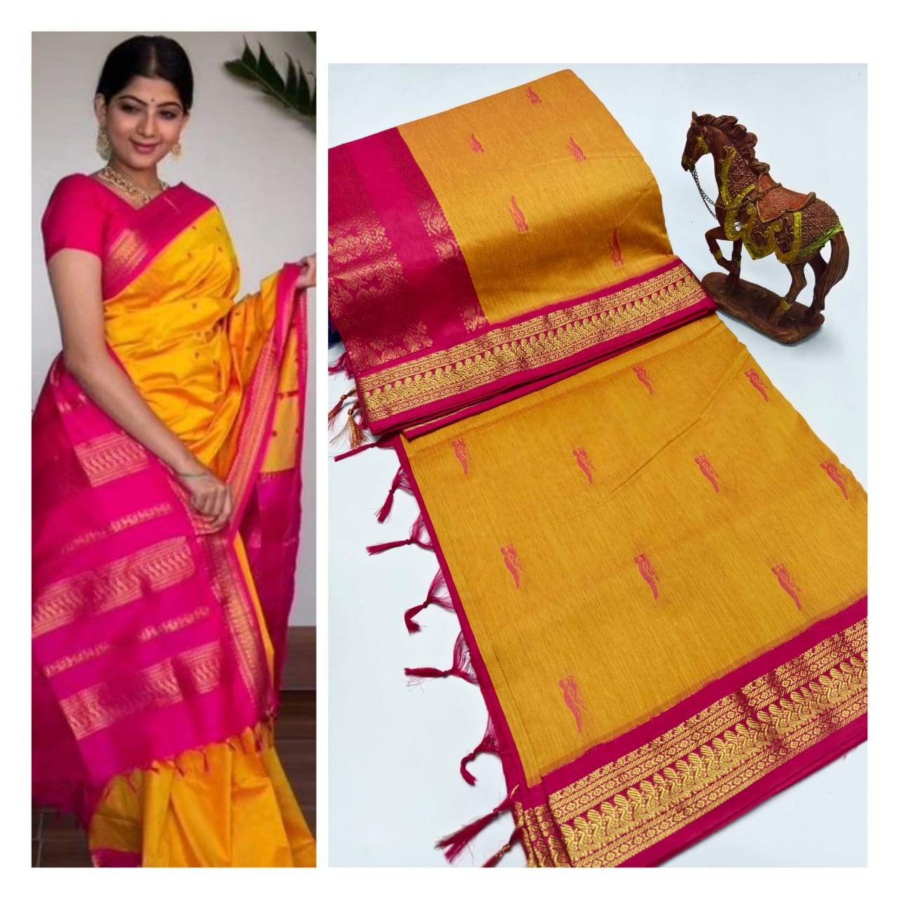 Upgrade your ethnic wardrobe with our Premium Soft Gadwal Paithani Srees. Made with high-quality materials, these sarees offer a soft and luxurious feel on the skin. Complete with a matching blouse piece, these sarees are perfect for traditional occasions. Elevate your style and make a statement with these premium sarees.