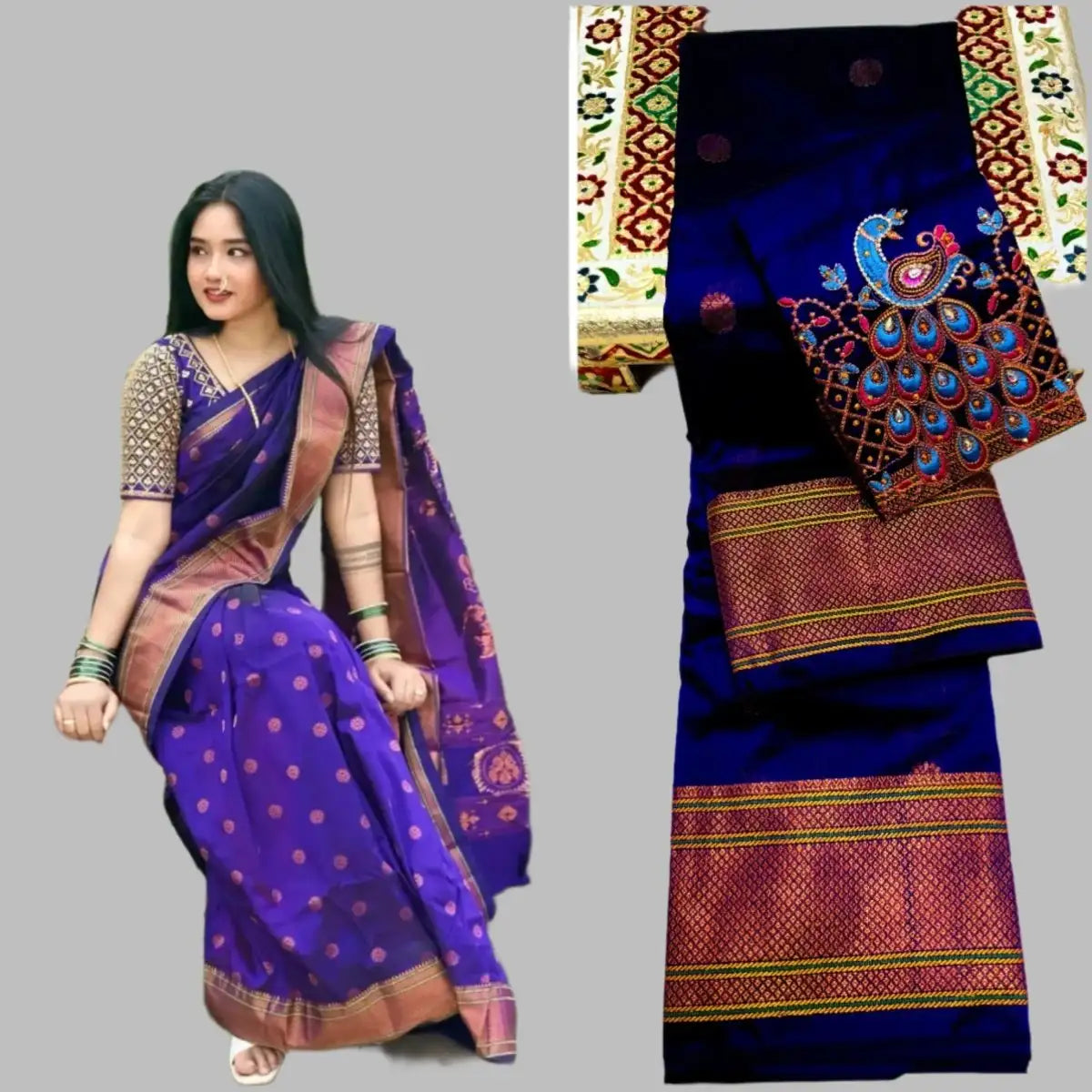 This Tana Silk Premium Kalanjali Paithani Saree is a timeless treasure, featuring intricate stone work buttis and handwork embroidery that add a touch of elegance. Perfect for the wedding season, it comes with its own matching blouse piece.