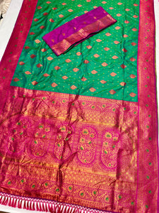 Kanjeevaram Paithani with Tassle Gonda Work All Over Butti & Brocade Blouse Green, Pink