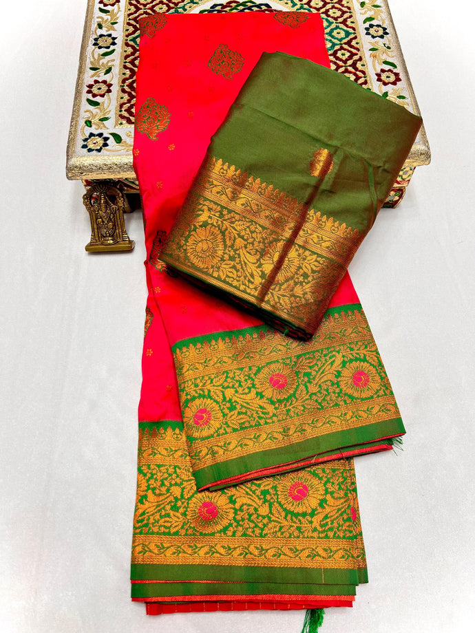 Kanjeevaram Paithani with Tassle Gonda Work All Over Butti & Brocade Blouse Red, Yellow