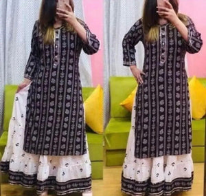 Alluring Rayon Printed Kurta with Skirt Set For Women