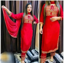 Load image into Gallery viewer, Classic Rayon Embroidered Kurta, Bottom and Dupatta set for Women