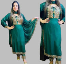 Load image into Gallery viewer, Classic Rayon Embroidered Kurta, Bottom and Dupatta set for Women.&nbsp;

Size: M, L, XL, 2XL

&nbsp;Neck Style: &nbsp;Boat Neck
&nbsp;Color:&nbsp; Green,Blue, Purple, Maroon
&nbsp;Fabric: &nbsp;Rayon
&nbsp;Pack Of: &nbsp;Single
&nbsp;Type: &nbsp;Kurta, Bottom and Dupatta Set
&nbsp;Style: &nbsp;Aari Work
&nbsp;Design Type: &nbsp;A-Line
&nbsp;Sleeve Length: &nbsp;3/4 Sleeve
&nbsp;Occasion: &nbsp;Party
&nbsp;Kurta Length:&nbsp; Above calf
&nbsp;Sleeve Style: &nbsp;Set-in Sleeve

Introducing our classic Rayon 