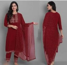 Load image into Gallery viewer, Classic Rayon Embroidered Kurta, Bottom and Dupatta set for Classic Women.

Size: M, L, XL, 2XL

&nbsp;Neck Style: &nbsp;Boat Neck
&nbsp;Color:&nbsp; Green,Blue, Purple(Wine), Maroon
&nbsp;Fabric: &nbsp;Rayon
&nbsp;Pack Of: &nbsp;Single
&nbsp;Type: &nbsp;Kurta, Bottom and Dupatta Set
&nbsp;Style: &nbsp;Aari Work
&nbsp;Design Type: &nbsp;A-Line
&nbsp;Sleeve Length: &nbsp;3/4 Sleeve
&nbsp;Occasion: &nbsp;Party
&nbsp;Kurta Length:&nbsp; Above calf
&nbsp;Sleeve Style: &nbsp;Set-in Sleeve

Classic Rayon Embroide