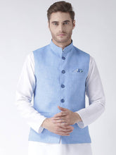 Load image into Gallery viewer, Blue Blended Solid Nehru Jackets for Men for Festive use.