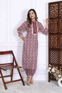 Elegant Magenta Linen Floral Print A-Line Kurta Bottom Set For Women