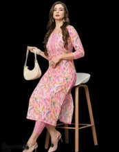 Load image into Gallery viewer, Elegant Magenta Linen Floral Print A-Line Kurta Bottom Set For Women