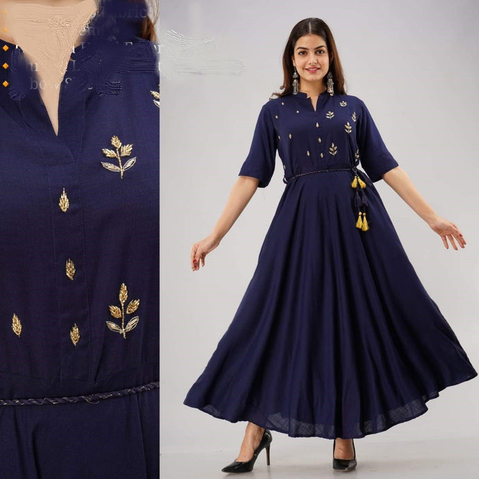 Elegant Rayon Long Gown Kurti  Hand Embroidery with Dori Belt With Tassel Navy Blue