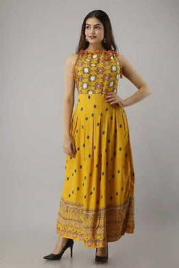 Fabulous Rayon Self Design Printed Long Kurta Cum Gown for Women in Yellow