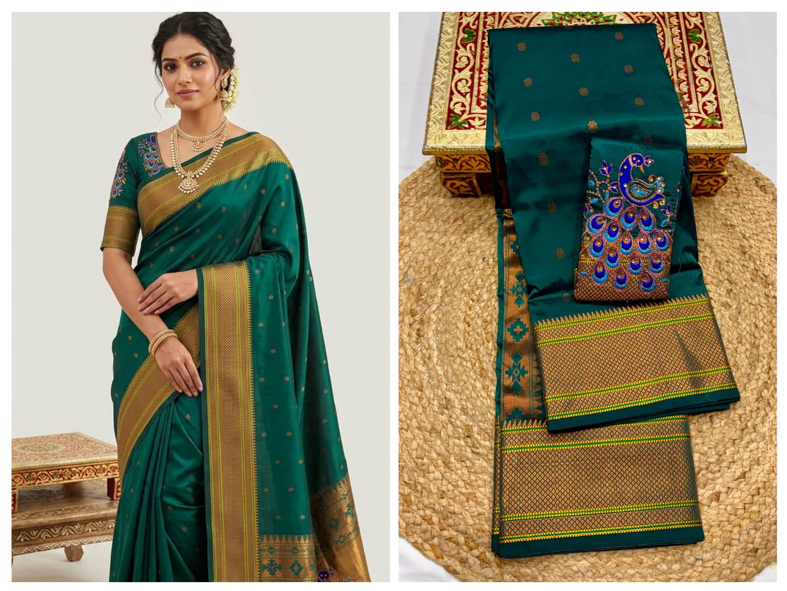 Elevate your festive and wedding wardrobe with the Trisha Kalanjali Paithani Saree, featuring elegant all-over butti weaving, a rich traditional pallu, and a beautifully detailed blouse with Aari work and Diamond Swarovski-style embellishments. Crafted from premium Tana soft silk for a graceful and comfortable drape.