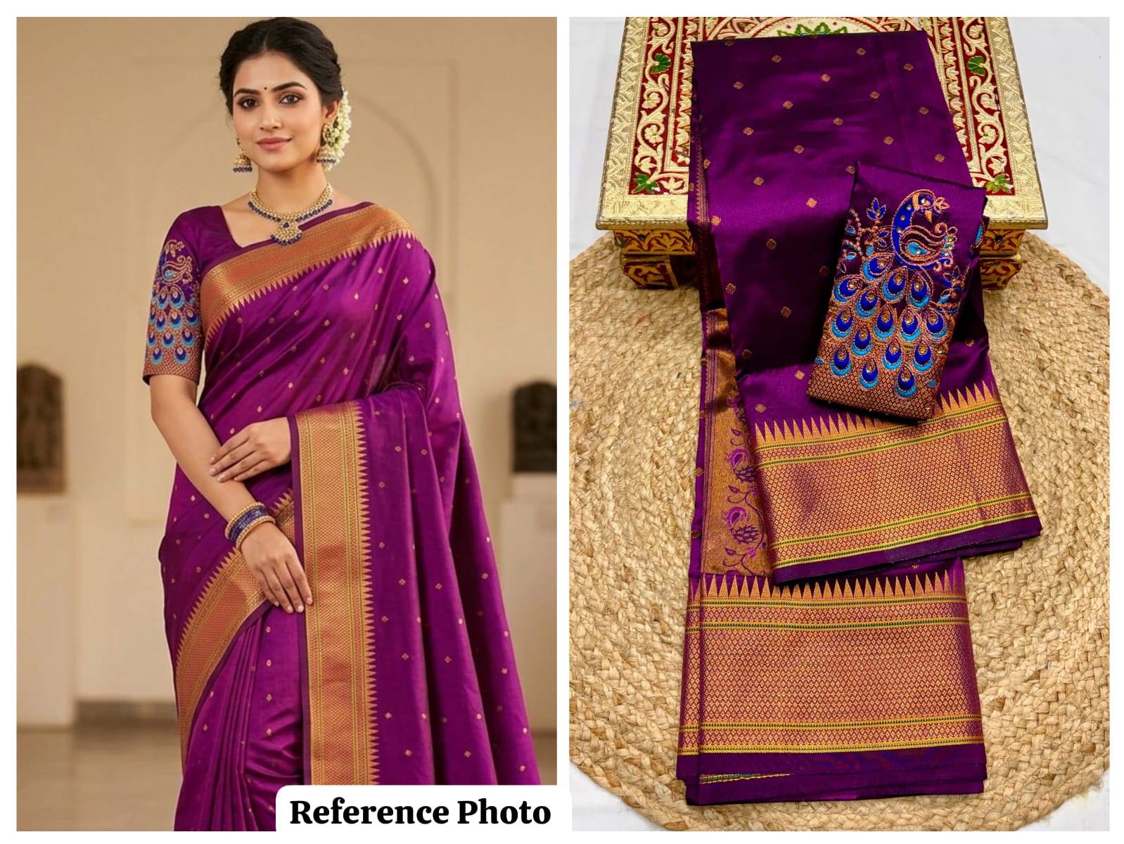 Elevate your festive and wedding wardrobe with the Trisha Kalanjali Paithani Saree, featuring elegant all-over butti weaving, a rich traditional pallu, and a beautifully detailed blouse with Aari work and Diamond Swarovski-style embellishments. Crafted from premium Tana soft silk for a graceful and comfortable drape.