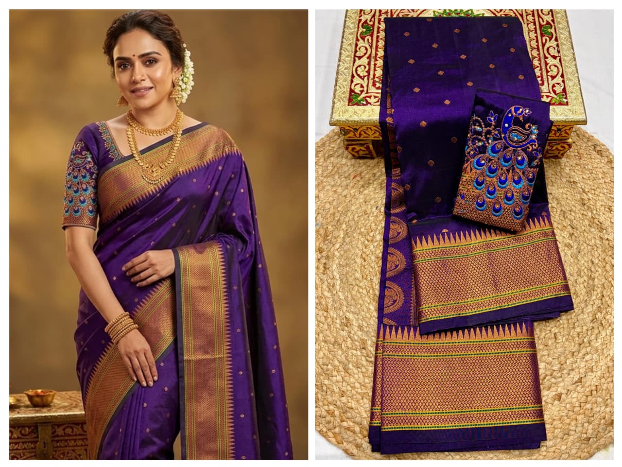 Elevate your festive and wedding wardrobe with the Trisha Kalanjali Paithani Saree, featuring elegant all-over butti weaving, a rich traditional pallu, and a beautifully detailed blouse with Aari work and Diamond Swarovski-style embellishments. Crafted from premium Tana soft silk for a graceful and comfortable drape.