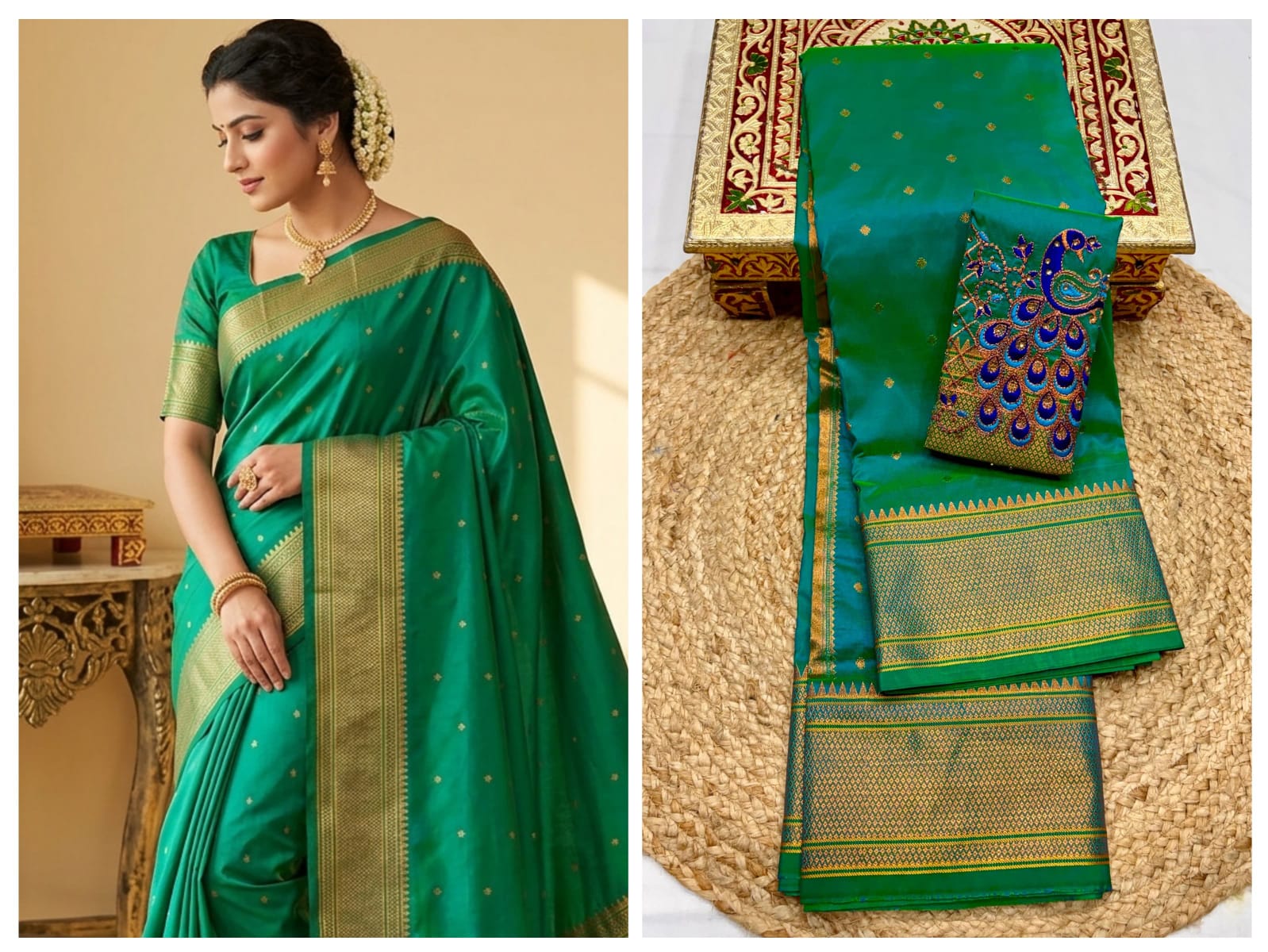 Elevate your festive and wedding wardrobe with the Trisha Kalanjali Paithani Saree, featuring elegant all-over butti weaving, a rich traditional pallu, and a beautifully detailed blouse with Aari work and Diamond Swarovski-style embellishments. Crafted from premium Tana soft silk for a graceful and comfortable drape.