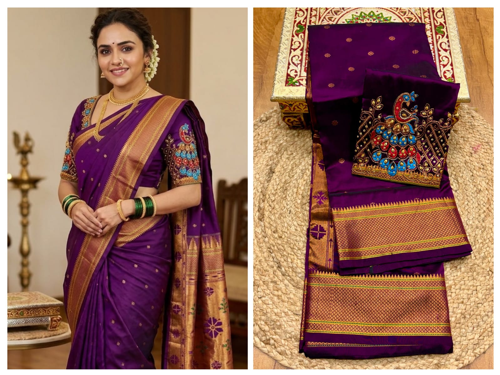 Elevate your festive and wedding wardrobe with the Trisha Kalanjali Paithani Saree, featuring elegant all-over butti weaving, a rich traditional pallu, and a beautifully detailed blouse with Aari work and Diamond Swarovski-style embellishments. Crafted from premium Tana soft silk for a graceful and comfortable drape.