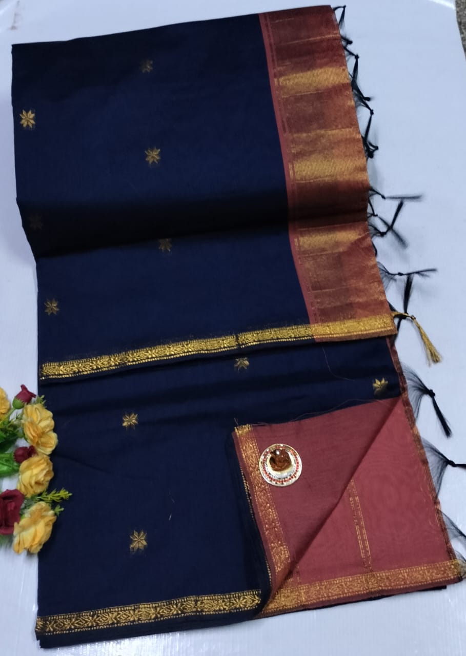 Premium Maheshwari Silk Cotton Sarees Gadwal-Inspired | Sleek Dual Borders | Contrast Pallu & Blouse.