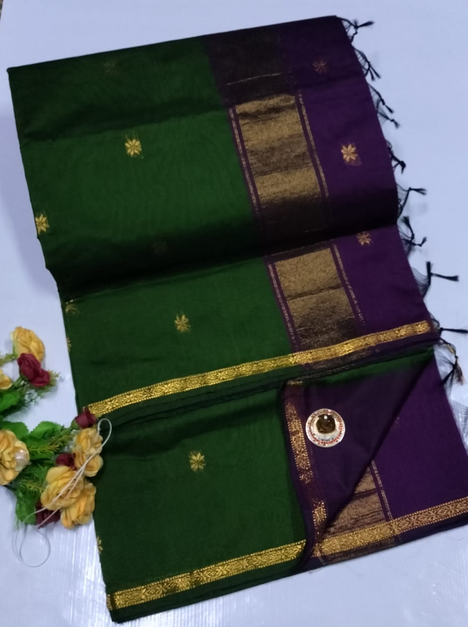 Green and purple saree with gold border on a white background Premium Maheshwari Silk Cotton Sarees Gadwal-Inspired | Sleek Dual Borders | Contrast Pallu & Blouse.